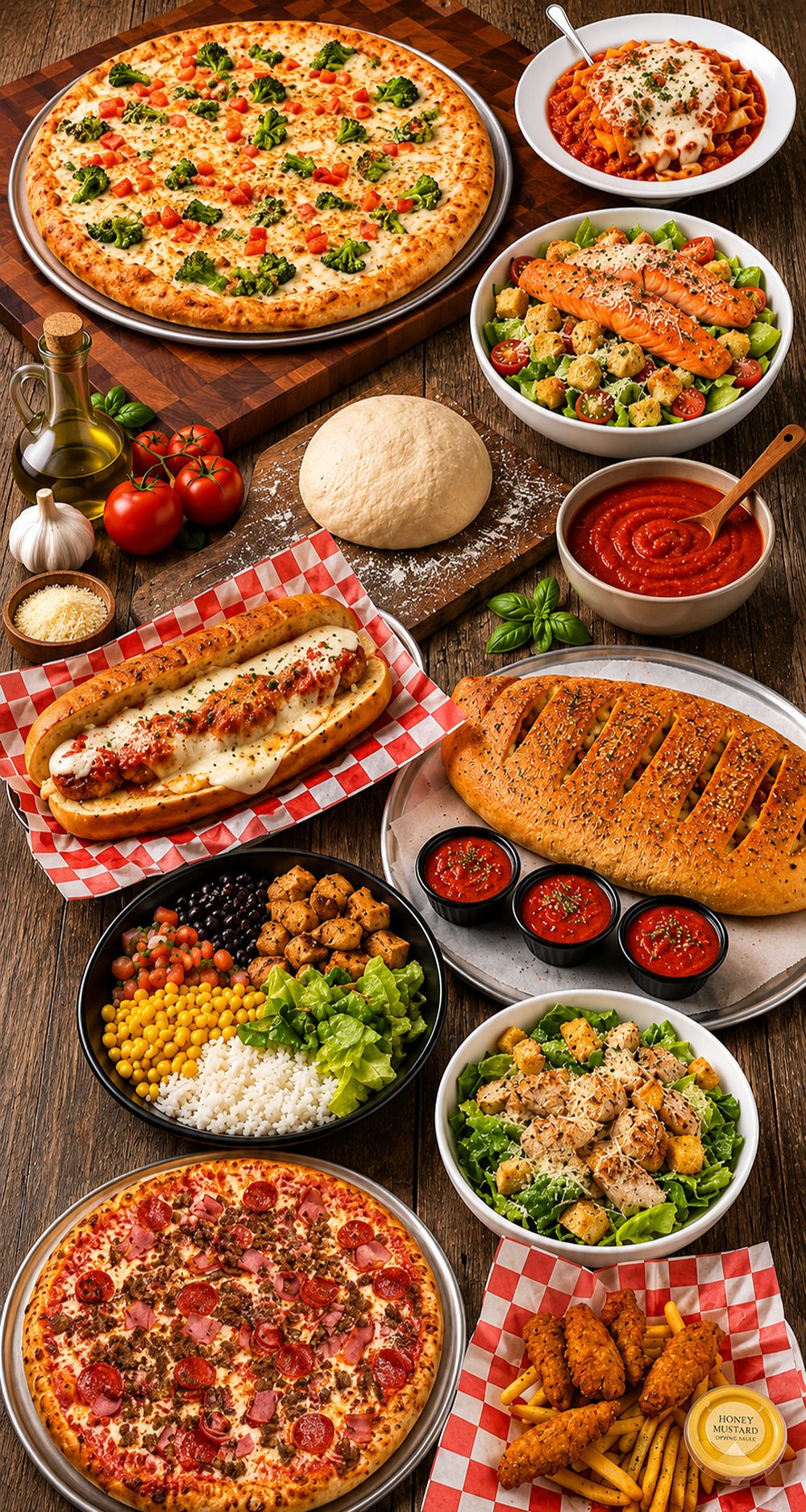 Signature dishes from Pizza Sauce Rosedale including specialty pizzas, pasta, salads, rice bowls, wings, homemade dough, and fresh Italian ingredients